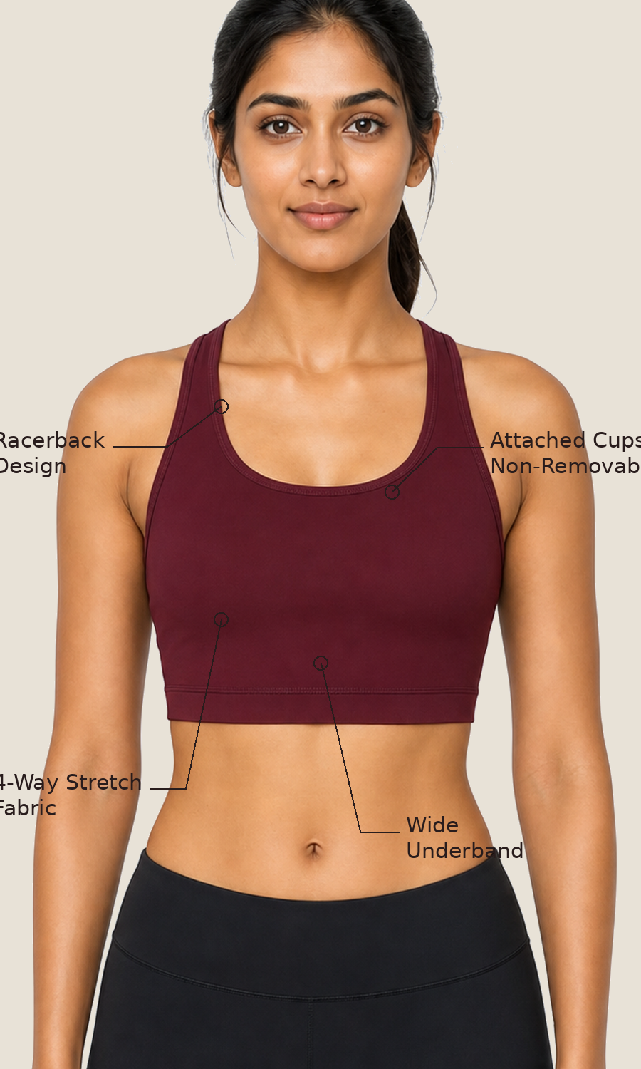 Aurora Racerback Sports Bra features β attached cups, 4-way stretch, wide underband, racerback design
