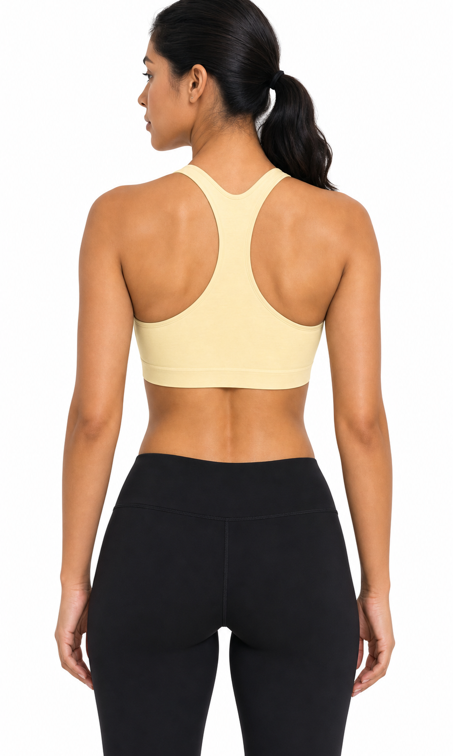 Aurora sports bra buttercream yellow back colorway