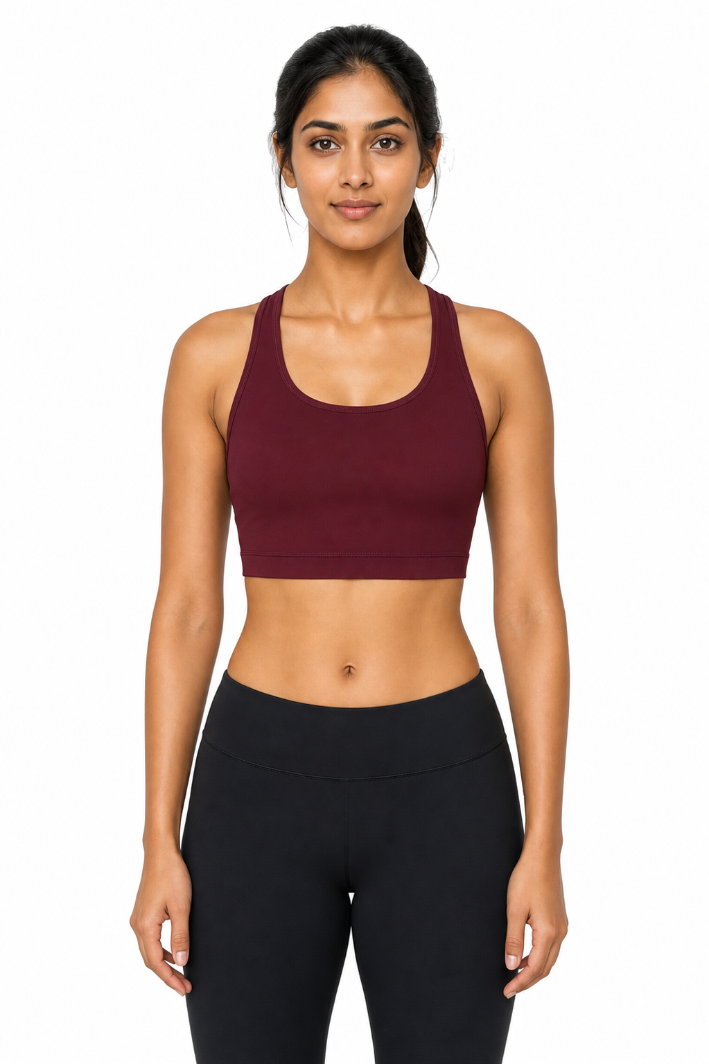 Aurora racerback sports bra burgundy front view