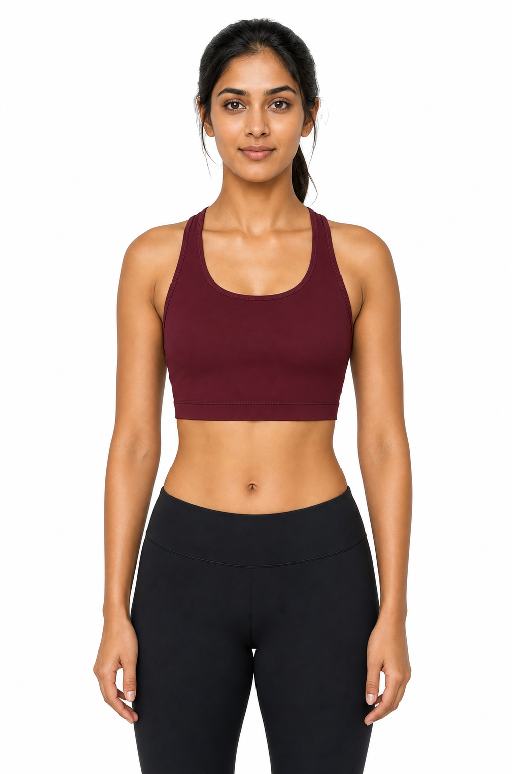 Aurora racerback sports bra burgundy front view