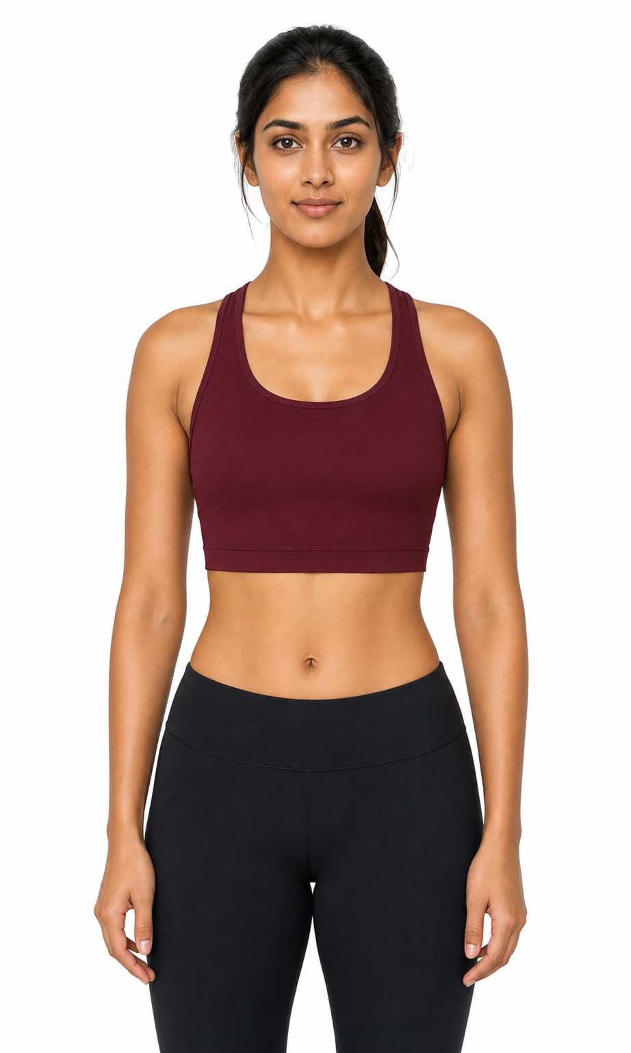 Aurora racerback sports bra burgundy front view