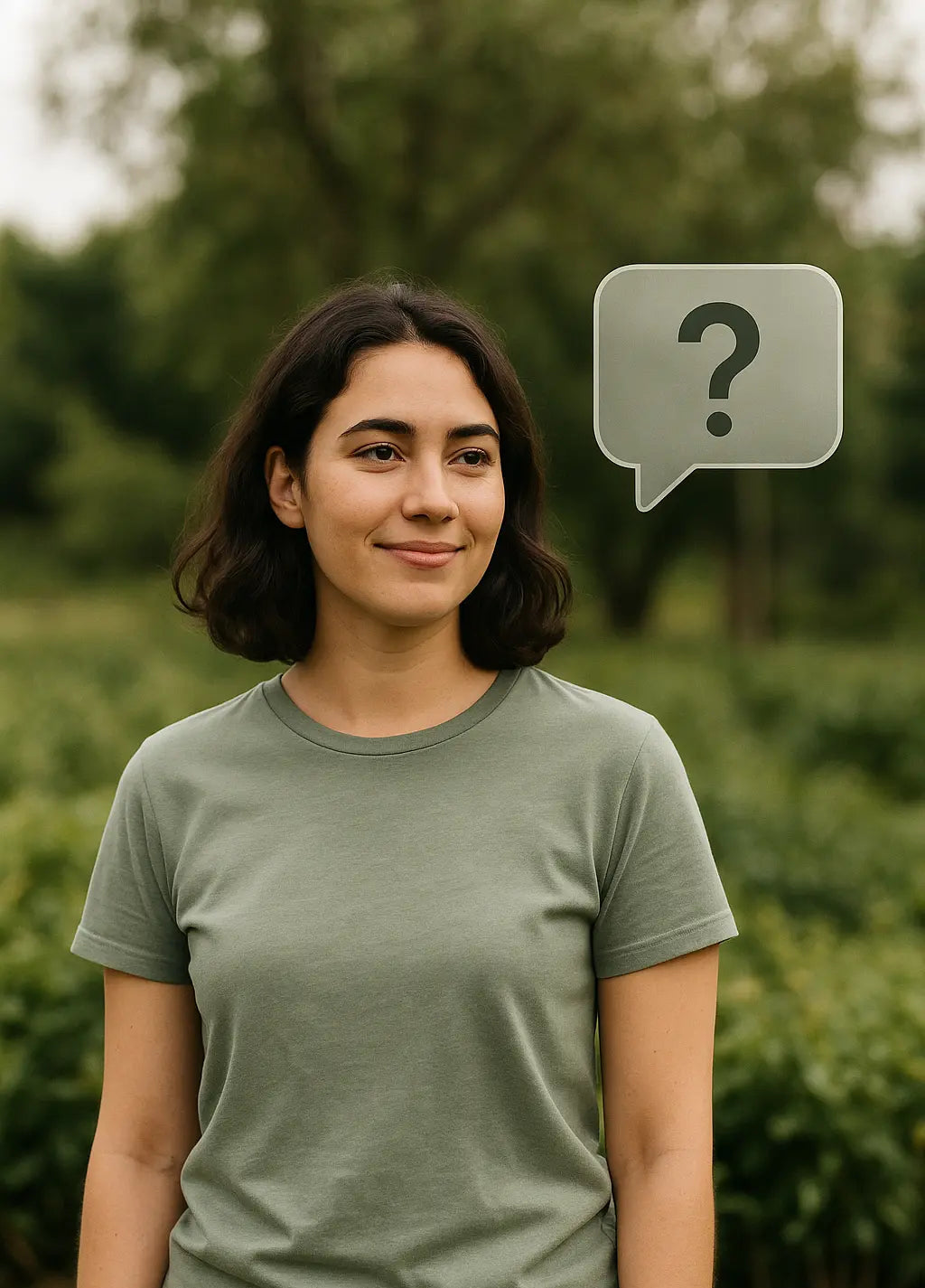 A woman wearing Terraloop's green T-shirt stands outdoors with a calm smile, surrounded by soft greenery. A subtle speech bubble containing a question mark appears beside her, symbolizing customer inquiries or frequently asked questions.