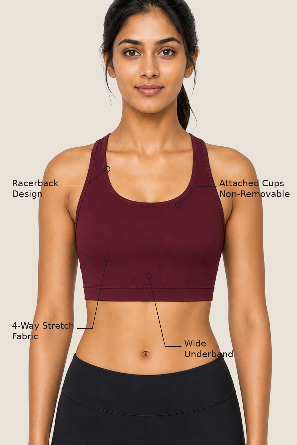 Aurora Racerback Sports Bra features — attached cups, 4-way stretch, wide underband, racerback design