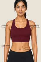 Aurora Racerback Sports Bra features — attached cups, 4-way stretch, wide underband, racerback design
