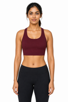 Aurora racerback sports bra burgundy front view